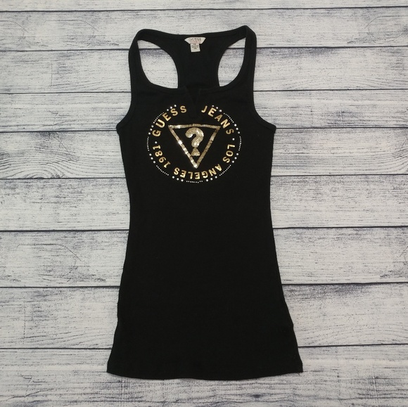 Guess TANK TOP sequin + metallic logo black/gold - Picture 1 of 7